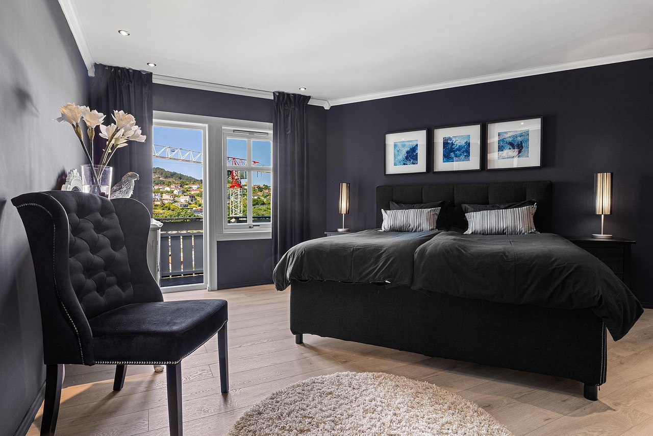 real estate, bedroom, interior design, bed, nature, furniture, indoors, painting, decoration, decor, window, plant